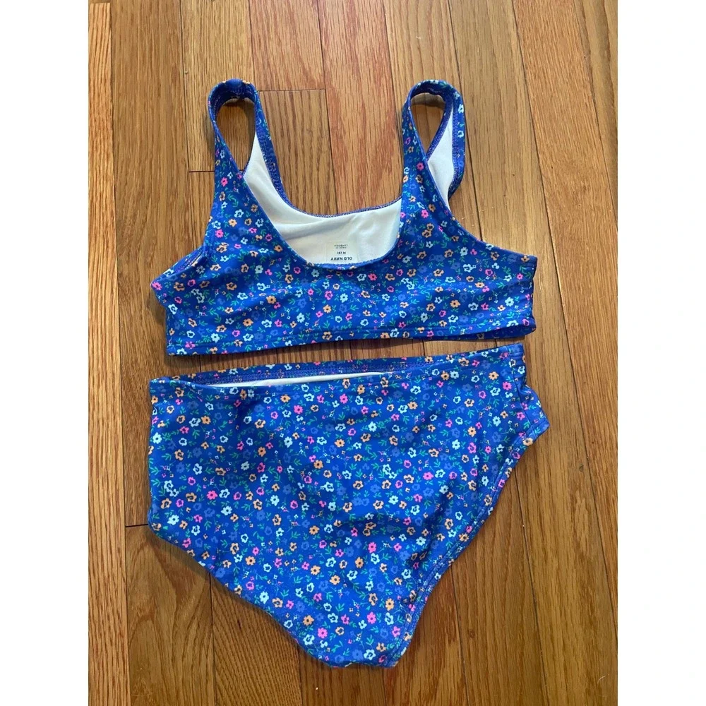 Old Navy Girls Blue Floral 2-Piece Swimsuit Bikini Set Size M 8 Front Knot